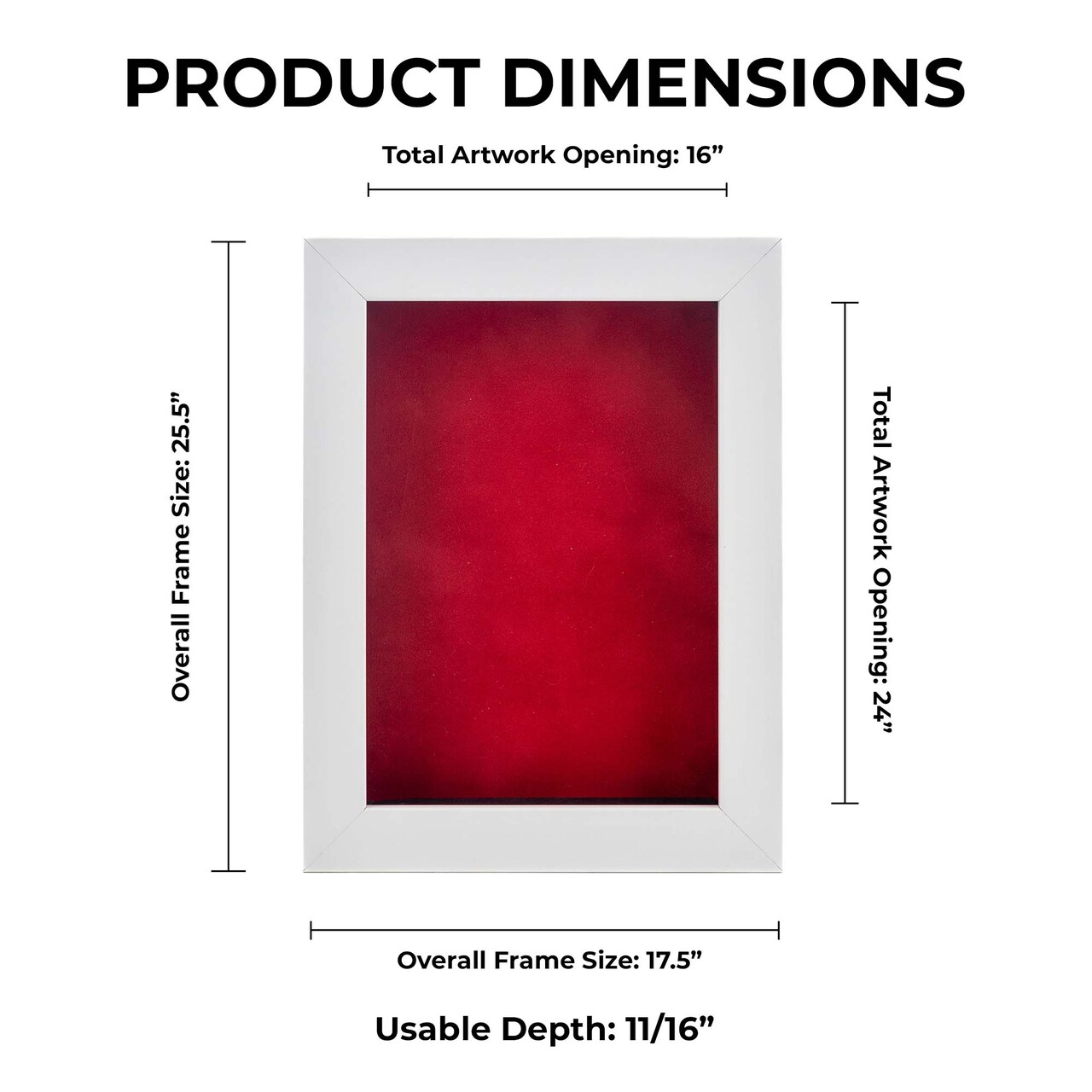 Classic White Wood Shadown Box Frame with Acrylic Front - Red Suede Backing, 30 Sizes